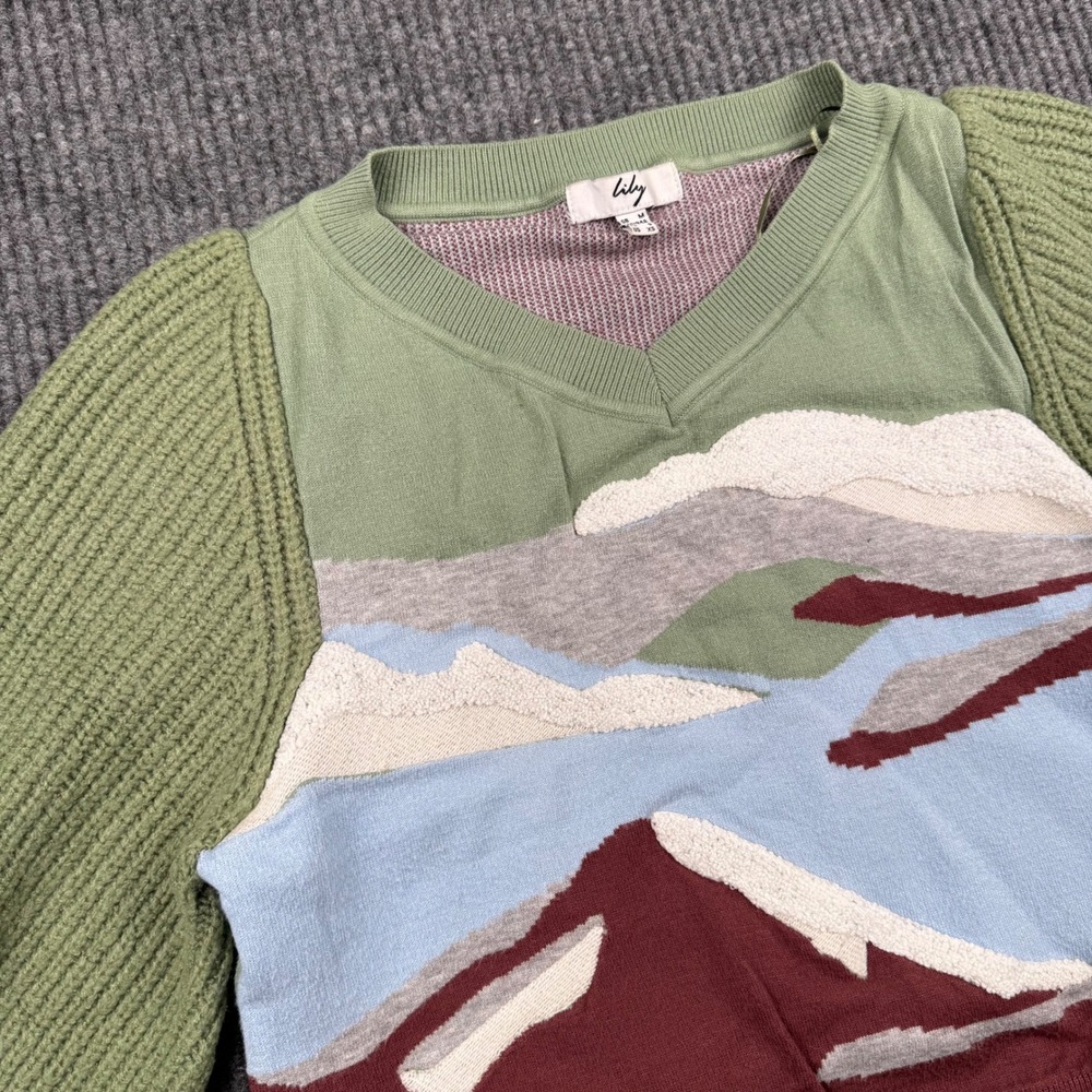 Lily Landscape Scenic Knit Cropped Sweater Colorblock Artsy Boho V Neck XS‎ 936 - Picture 4 of 11